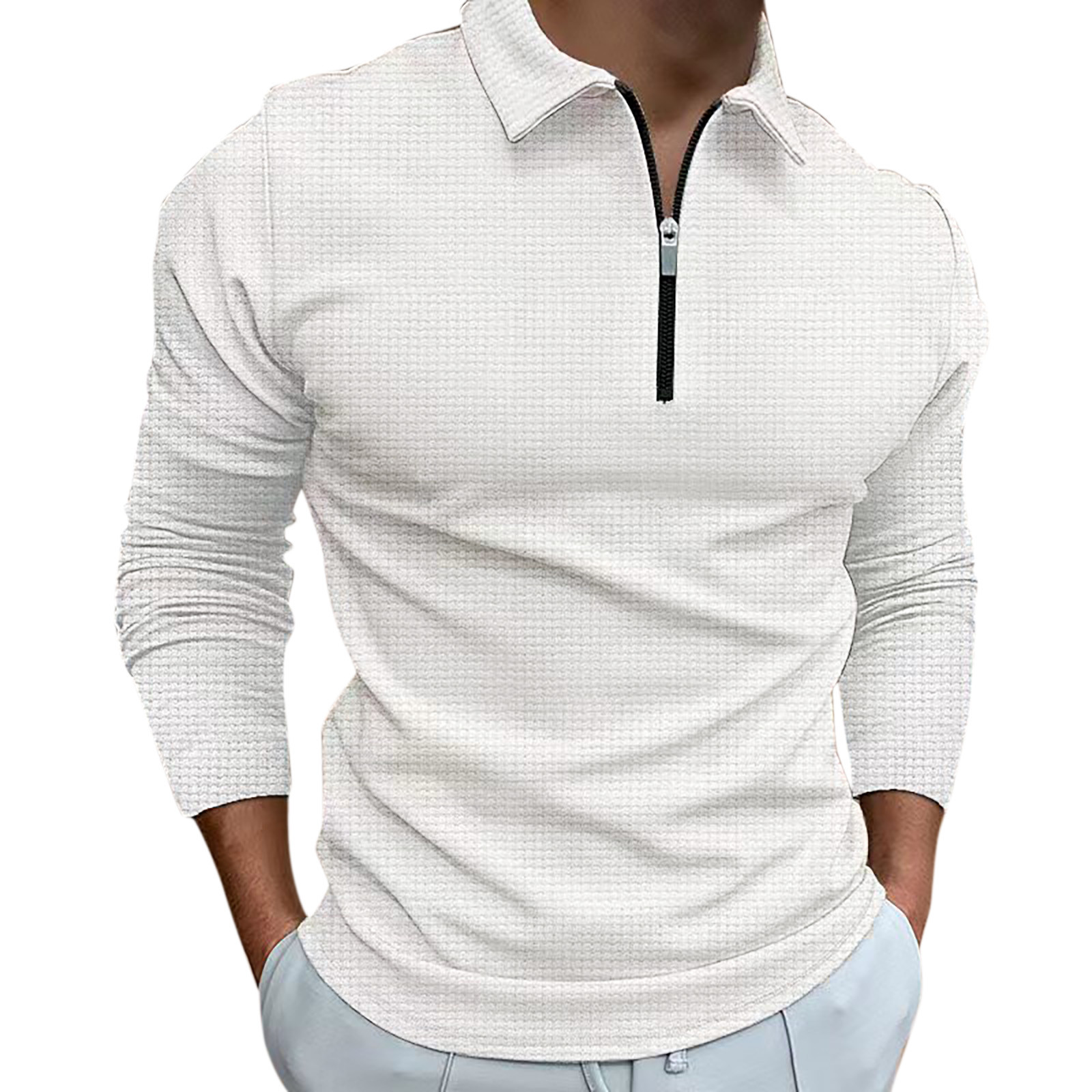 Camisa informal de manga larga para hombre: cuello vuelto, detalle de cremallera, color liso, poliéster, oficina/ocio, tallas 10-20 (EE. UU.)